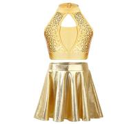 Yhong Ensemble Brillant De Danse pour Filles Crop Top Court sans Manches Paillettes avec Jupe À Volants Costumes De Danse De Pom Pom Girls Jaune 13-14 Ans