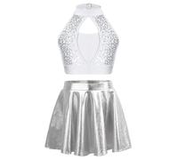 Yhong Ensemble Brillant De Danse Pour Filles Crop Top Court Sans Manches Paillettes Avec Jupe À Volants Costumes De Danse De Pom Pom Girls Blanc 9-10 ans