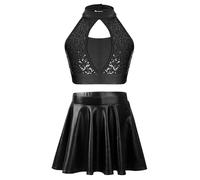Yhong Ensemble Brillant De Danse Pour Filles Crop Top Court Sans Manches Paillettes Avec Jupe À Volants Costumes De Danse De Pom Pom Girls Noir 7-8 ans