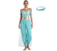 Yhong Ensemble De Costume De Princesse Jasmine Arabe Pour Femme Combinaison Pour Danse Du Ventre Paillettes Tenue Cosplay Spectacle Turquoise M