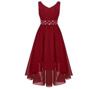 Yhong Robe de Cocktail sans Manches à Col en V pour Fille avec Strass Robe de Soirée de Mariage pour Adolescents Junior de Baptême de Baptême de 5-16ans Bourgogne 15-16 Ans