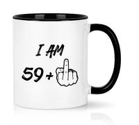 YHRJWN - Cadeau d'anniversaire pour homme et femme, tasse à café « I Am 59 Plus » pour papa, maman, amis, idée cadeau d'anniversaire pour femme de 60 ans, tasse blanche de 325 ml avec poignée noire
