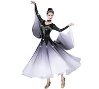 Yhsgscr Robe De Danse De Salon Standard Femme en Mousseline Dégradée Strass Robe De Spectacle Tango Valse Grande Jupe Évasée Coupe Ajustée