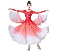 Yhsgscr Robe De Danse De Salon Standard Femme en Mousseline Dégradée Strass Robe De Spectacle Tango Valse Grande Jupe Évasée Coupe Ajustée
