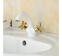 YHSGY Robinet De Lavabo À Deux Poignées À Montage Sur Pont, Robinet Mélangeur D'Évier De Salle De Bain Blanc Et Or Eau Chaude Et Froide