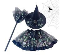 Yhsioaklo Ensemble de robe tutu de sorcière 3 pièces | Costume d'Halloween pour filles de 2 à 8 ans | Comprend une jupe, un chapeau et un balai - Style européen