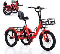 YhsPkAh Tricycle électrique Pliable à Pédales - 5 Vitesses, Siège Rembourré avec Dossier, Grand Panier De Rangement, Charge Maximale 150 Kg, pour Personnes âgées Red