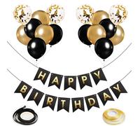 YHT Bannière « Happy Birthday » avec 15 ballons en latex de 30,5 cm et 2 rubans, décoration d'anniversaire noire et dorée, parfaite pour une fête d'anniversaire