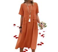YHTRFDMSG Robe longue décontractée en coton et lin à col rond pour femme - Grande taille - Robe midi élégante et fluide, Orange, XXL