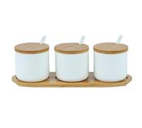 Yhuasia 3 Pcs 230ml Céramique Sucrier Rond Seasoning, Pot Gros Sel, Pot a Epices, Boîte Avec Cuillère et Couverture de Bambou, Sous-verres en Bambou（Blanc