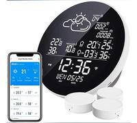 YHUEGH Station météo Intelligente WiFi avec télécommande Tuya APP et 3 capteurs, Compteur de température et d'humidité intérieure et extérieure, Horloge météo à Grand écran Couleur, barométrique