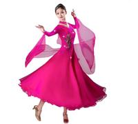 Yhwacyznm Robe De Danse De Compétition Valse De Salon Professionnelle pour Femme Col V Coupe Ajustée | Appliqué Floral Et Détail De Strass Dispersé Manches Volantes En Mousseline Fluide