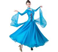 Yhwacyznm Robe De Danse De Compétition Valse De Salon Professionnelle pour Femme Col V Coupe Ajustée | Appliqué Floral Et Détail De Strass Dispersé Manches Volantes En Mousseline Fluide