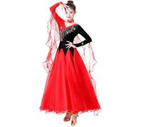 Yhwacyznm Robe Moderne De Danse De Salon Féminine À Col V Tenue De Compétition De Tango À Manches Longues Robe De Spectacle De Valse À Grande Ampleur Décorée De Strass