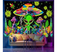 YHXBD Blacklight Alien Tapisserie, Alien Fluorescent Wall Tapestry Affiche UFO Psychedelic Room Decor Chambre UV Réactif Mur Suspendu,A-04,150 * 200 Cm