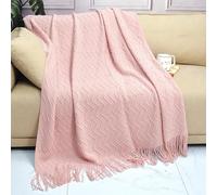YHXBD Grande couverture de canapé avec pompons, simple couleur unie, motif vagues et rayures, couverture décorative douce en tricot pour canapé, chaise, lit, rose, 127 x 180 cm