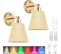 YHYAI Applique Murale bohème d'intérieur à Piles avec télécommande, éclairage RGB dimmable, Lampe de Chevet en rotin réglable, Batterie 5000 mAh, idéale pour Chambre ou Salon (Lot de 2).
