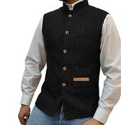 Yiaisafa Gilet à col montant pour homme - En tweed - À chevrons - Rétro - Doublure en laine - Pour mariage et chasse, Noir , XL