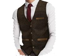 Yiaisafa Gilet de costume en tweed pour homme - Gilet de chasse à chevrons - Gilet vintage rétro en laine - Pour mariage marié - Taille S à 3XL, marron, M