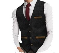 Yiaisafa Gilet de costume en tweed pour homme Gilet de chasse à chevrons Gilet vintage rétro en laine Mariage Marié Gilet S-3XL, Noir , XL
