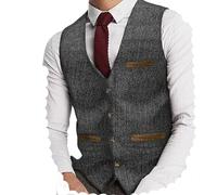 Yiaisafa Gilet de costume en tweed pour homme - Gilet de chasse à chevrons - Gilet vintage rétro en laine - Pour mariage marié - Taille S à 3XL, gris, M