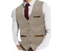 Yiaisafa Gilet de costume en tweed pour homme - Gilet de chasse à chevrons - Gilet vintage rétro en laine - Pour mariage marié - Taille S à 3XL, champagne, L