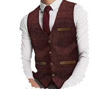 Yiaisafa Gilet de costume en tweed pour homme - Gilet de chasse - Gilet vintage rétro en laine - Pour mariage - Taille S à 3XL, bordeaux, XXL