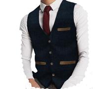Yiaisafa Gilet de costume en tweed pour homme - Gilet de chasse - Gilet vintage rétro en laine - Pour mariage - Taille S à 3XL, Bleu marine., XXL