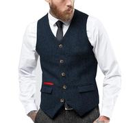 Yiaisafa Gilet formel à chevrons rétro en tweed pour homme, gilet de costume vintage en laine pour mariage, chasse, bleu marine, XXL