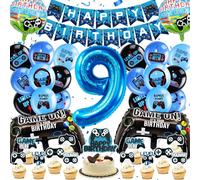 YianHien Décoration Anniversaire Vidéo Jeux Ballons, Ballon en Aluminium XXL Manette de Jeu, Décoration Fête Thème Gamer, Set Ballons Anniversaire Garçon avec Décoration de Gâteau & Bannière (9 ans)