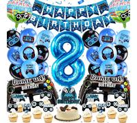 YianHien Décoration Anniversaire Vidéo Jeux Ballons, Ballon en Aluminium XXL Manette de Jeu, Décoration Fête Thème Gamer, Set Ballons Anniversaire Garçon avec Décoration de Gâteau & Bannière (8 ans)