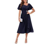 YIANN Classy Tea Longueur Mère de la mariée Robes avec manches pour mariage A Line mousseline de soie robe de soirée formelle, bleu marine, 48 Grande taille