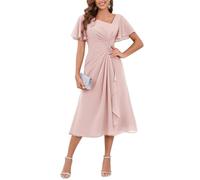 YIANN Classy Tea Longueur Mère de la mariée Robes avec manches pour mariage A Line mousseline de soie robe de soirée formelle, rose, 44