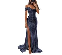 YIANN Robe de bal à paillettes scintillantes pour femme avec épaules dénudées, longue robe de soirée formelle avec fente, bleu marine, 48 Grande taille