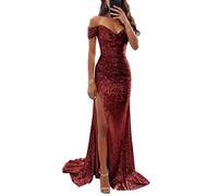 YIANN Robe de bal à paillettes scintillantes pour femme avec épaules dénudées, longue robe de soirée formelle avec fente, bordeaux, 36