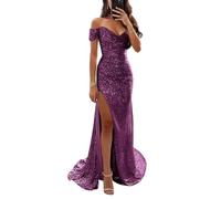 YIANN Robe de bal à paillettes scintillantes pour femme avec épaules dénudées, longue robe de soirée formelle avec fente, prune, 46