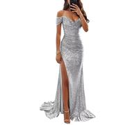 YIANN Robe de bal à paillettes scintillantes pour femme avec épaules dénudées, longue robe de soirée formelle avec fente, Argenté., 42