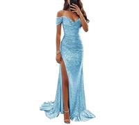 YIANN Robe de bal à paillettes scintillantes pour femme avec épaules dénudées, longue robe de soirée formelle avec fente, bleu clair, 48 Grande taille