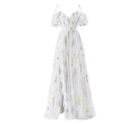YIANN Robe de bal de promo pour femme avec broderie de fleurs en tulle, à manches spaghetti, col en V, robe de soirée de fée, blanc, 44