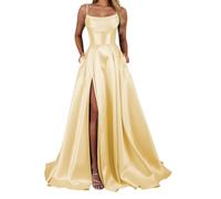 YIANN Robe de bal en satin à bretelles spaghetti pour femme avec fente corset longue robe de soirée formelle, jaune, 44