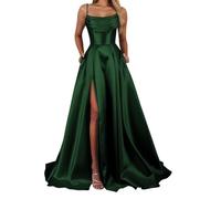 YIANN Robe de bal en satin à bretelles spaghetti pour femme avec fente corset longue robe de soirée formelle, vert émeraude, 36