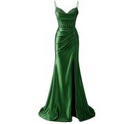 YIANN Robe de bal en satin à bretelles spaghetti pour femme avec fente en dentelle appliques sirène longue robe de bal formelle, vert émeraude, 44