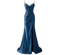 YIANN Robe de bal en satin à bretelles spaghetti pour femme avec fente en dentelle appliques sirène longue robe de bal formelle, paon, 34