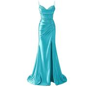 YIANN Robe de bal en satin à bretelles spaghetti pour femme avec fente en dentelle appliques sirène longue robe de bal formelle, turquoise, 36