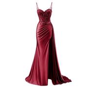 YIANN Robe de bal en satin avec col en V pour femme - Robe de soirée formelle sirène 2025 avec fente, bordeaux, 40