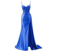 YIANN Robe de bal en satin avec col en V pour femme - Robe de soirée formelle sirène 2025 avec fente, bleu marine, 36