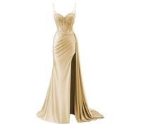 YIANN Robe de bal en satin avec col en V pour femme - Robe de soirée formelle sirène 2025 avec fente, champagne, 36