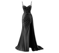 YIANN Robe de bal en satin avec col en V pour femme - Robe de soirée formelle sirène 2025 avec fente, Noir , 34