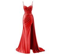 YIANN Robe de bal en satin avec col en V pour femme - Robe de soirée formelle sirène 2025 avec fente, Rouge, 34