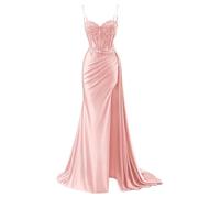 YIANN Robe de bal en satin avec col en V pour femme - Robe de soirée formelle sirène 2025 avec fente, rose, 36